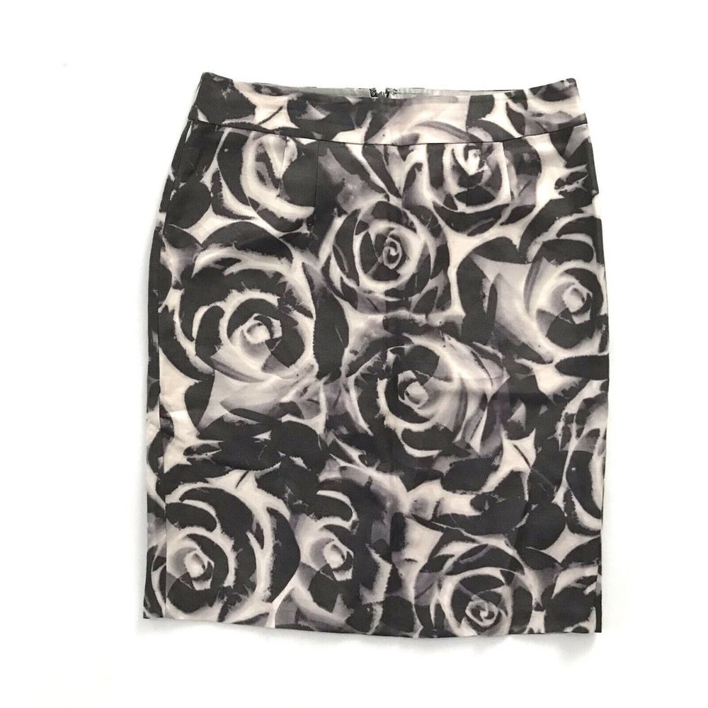 Banana Republic Floral Skirt 8 Linen Blend Taupe Gray Ivory Roses Print Lining